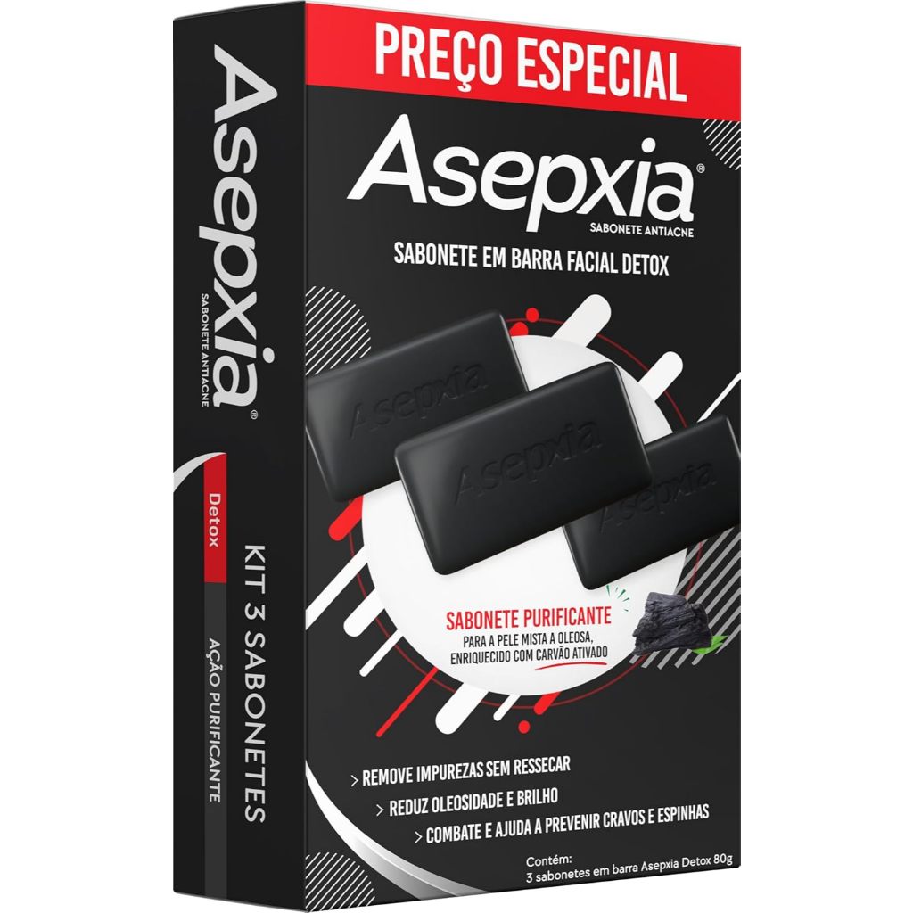 Kit Asepxia Sabonete Facial Detox 80g com 3 Unidades