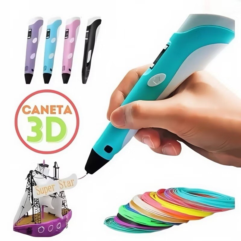 Caneta 3D Impressora Manual Infantil e Adulto Com Filamentos DIY Filamento Plastico ABS Tela LCD Des