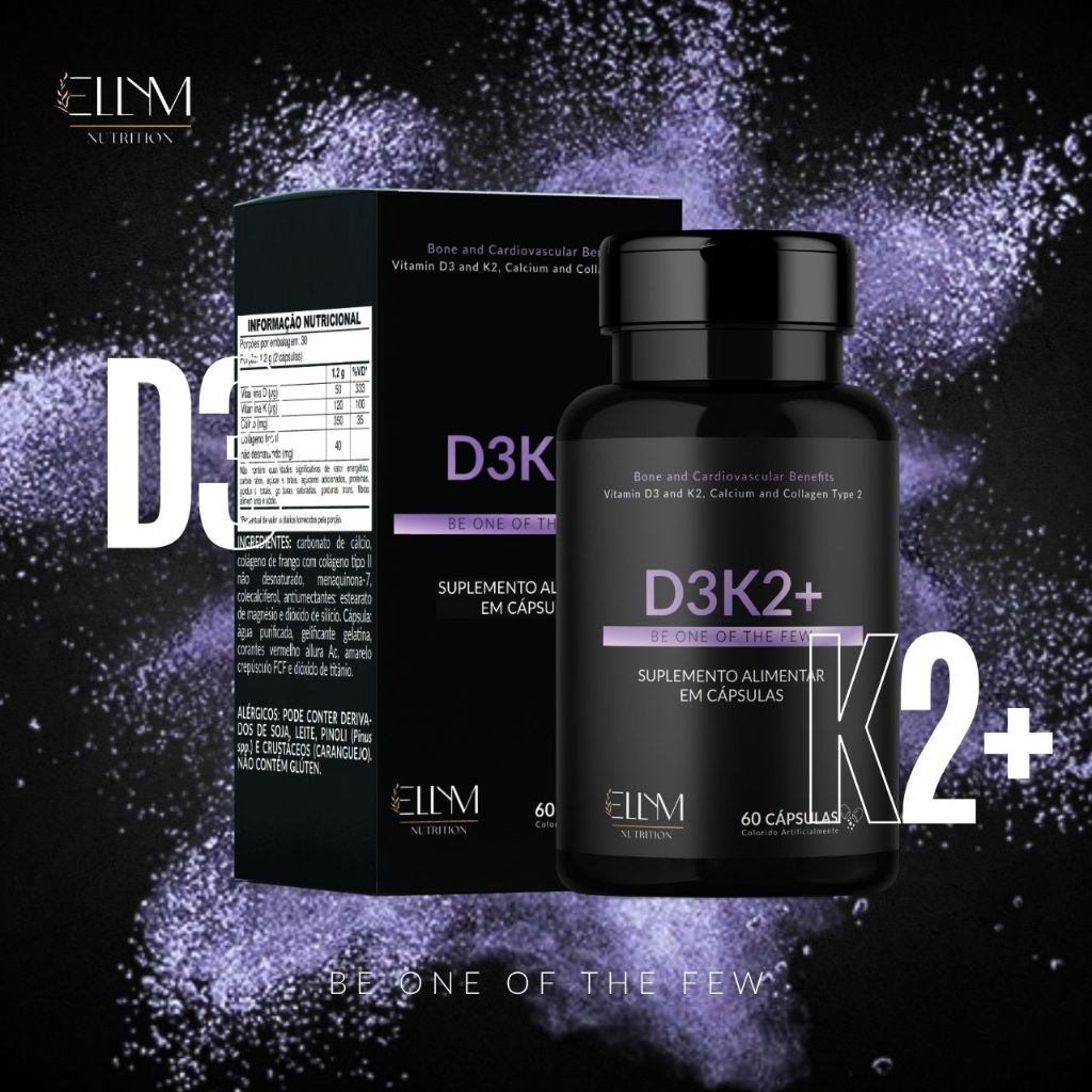 D3+K2 60 Cápsulas Suplemento ELLYM NUTRITION Vitamina D K Saúde Articular Imunidade