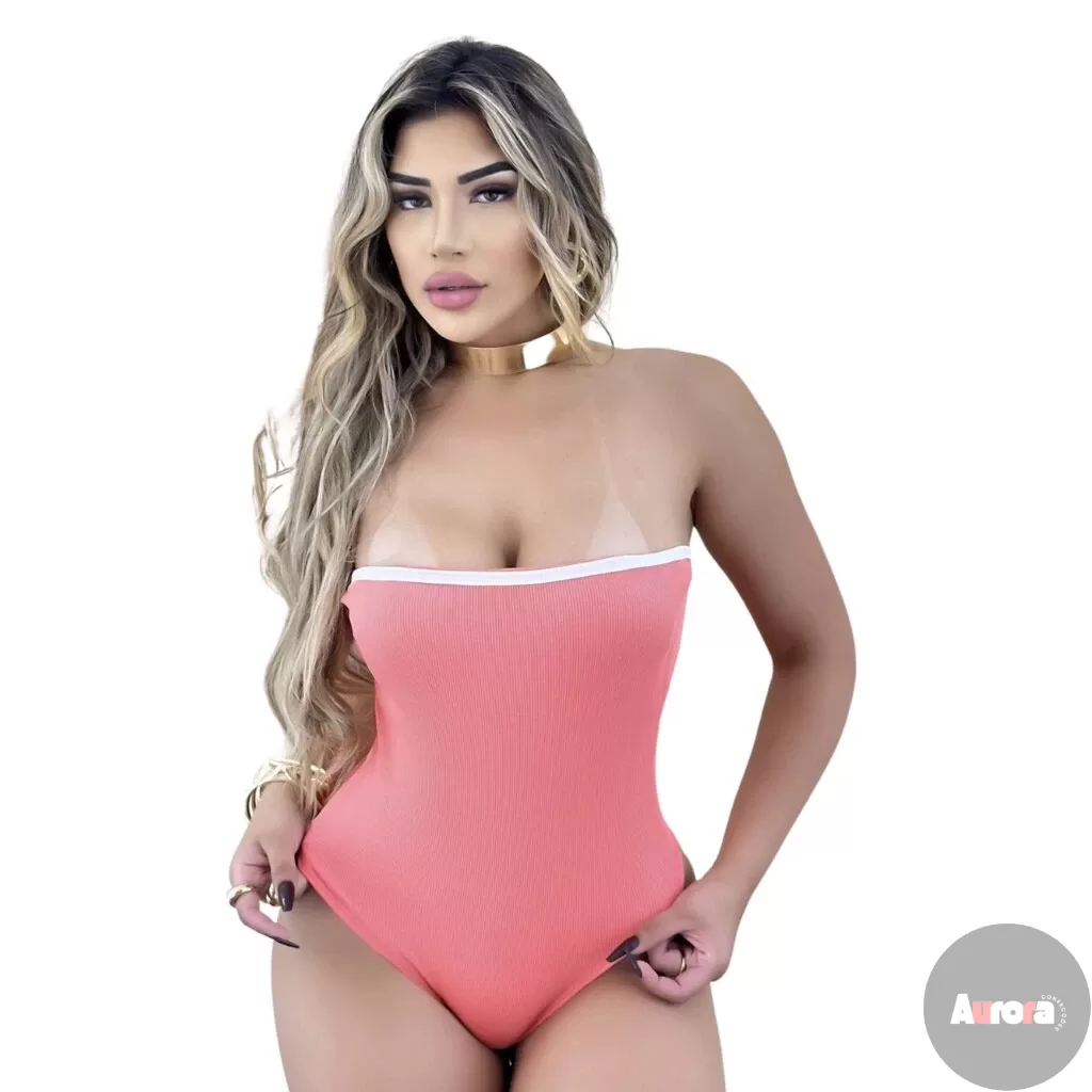 Body Feminino Malha Ribana Coral Tomara que Caia, Aurora Confecções