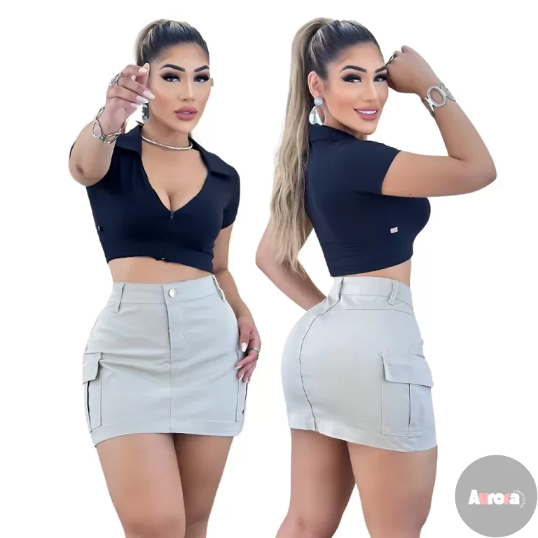 Saia Jeans Feminina Cargo Cintura Alta Bege, Auror