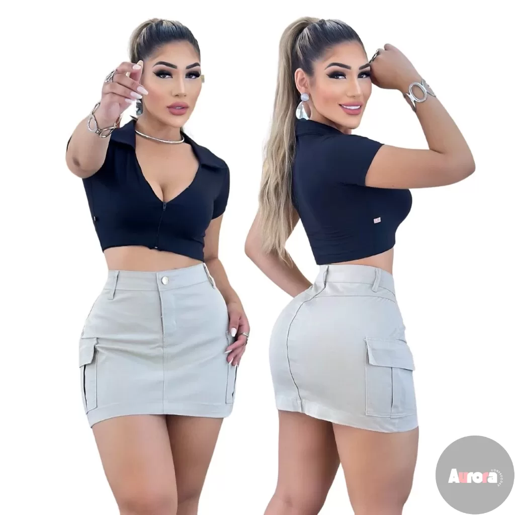Saia Jeans Feminina Cargo Cintura Alta Bege, Aurora Confecções