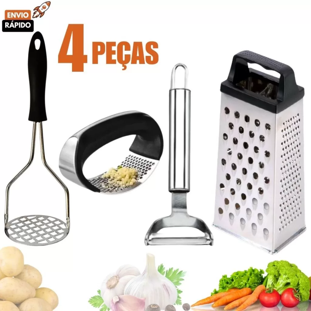 Kit Utensílios Ralador 4 Faces Amassador Batata Amassador Alho Descascador de Legumes em Aço Inox
