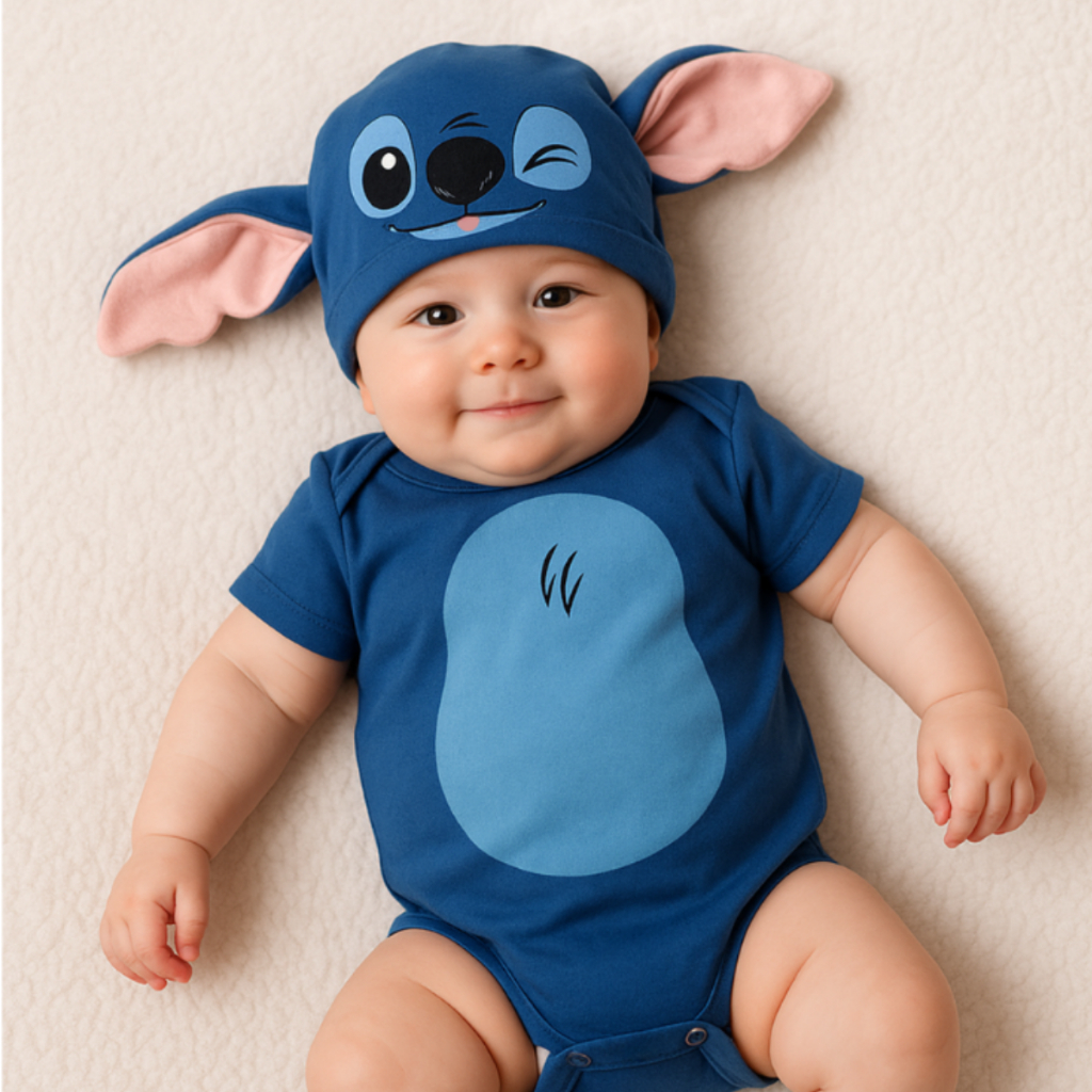 Body Bebê Lilo + Touca 100% Algodão Temático Mesversário Kit 2 Peças