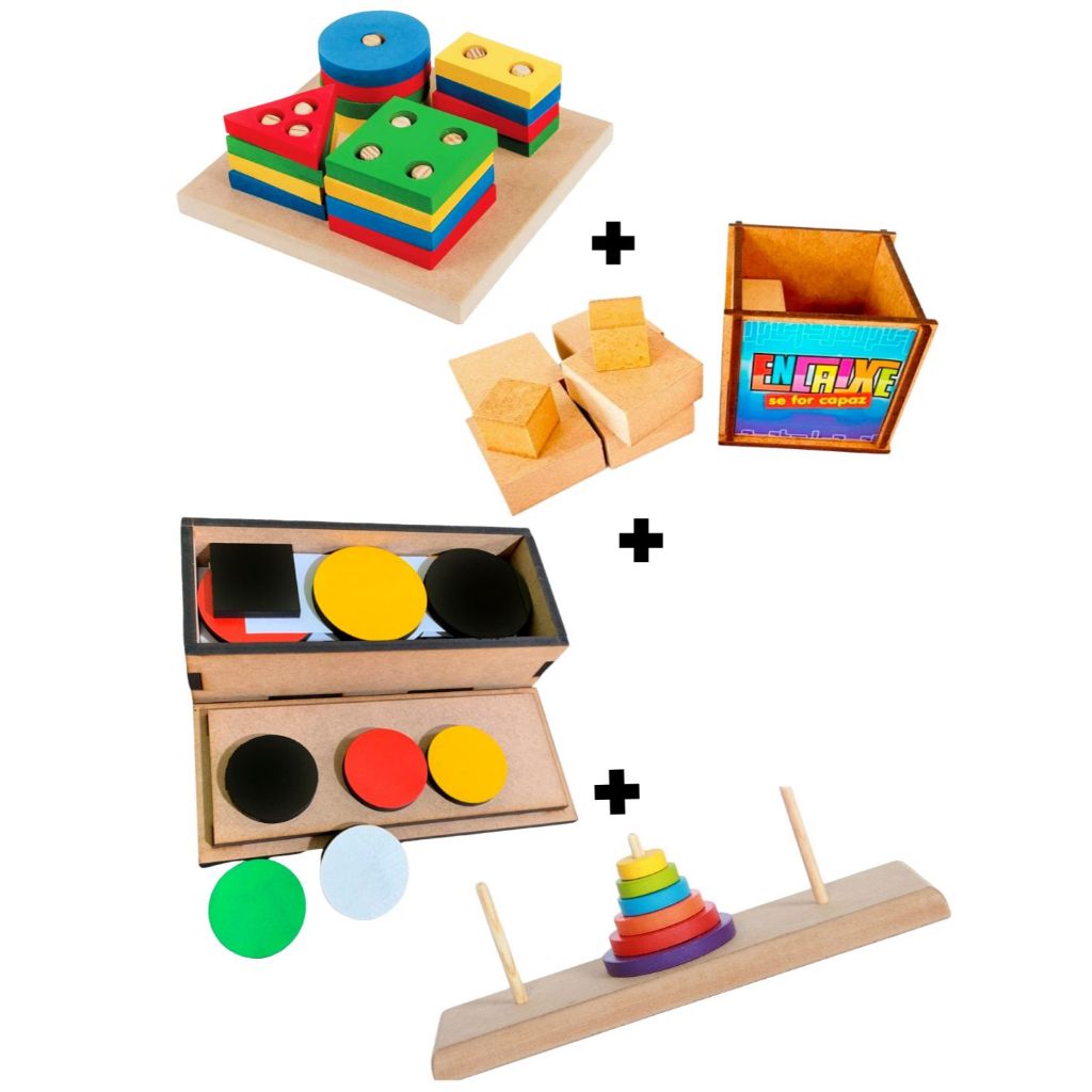 Kit Terapêutico Educativo 4 Jogos Montessori | Token, Torre Hanói, Formas e Encaixe | TEA TDAH