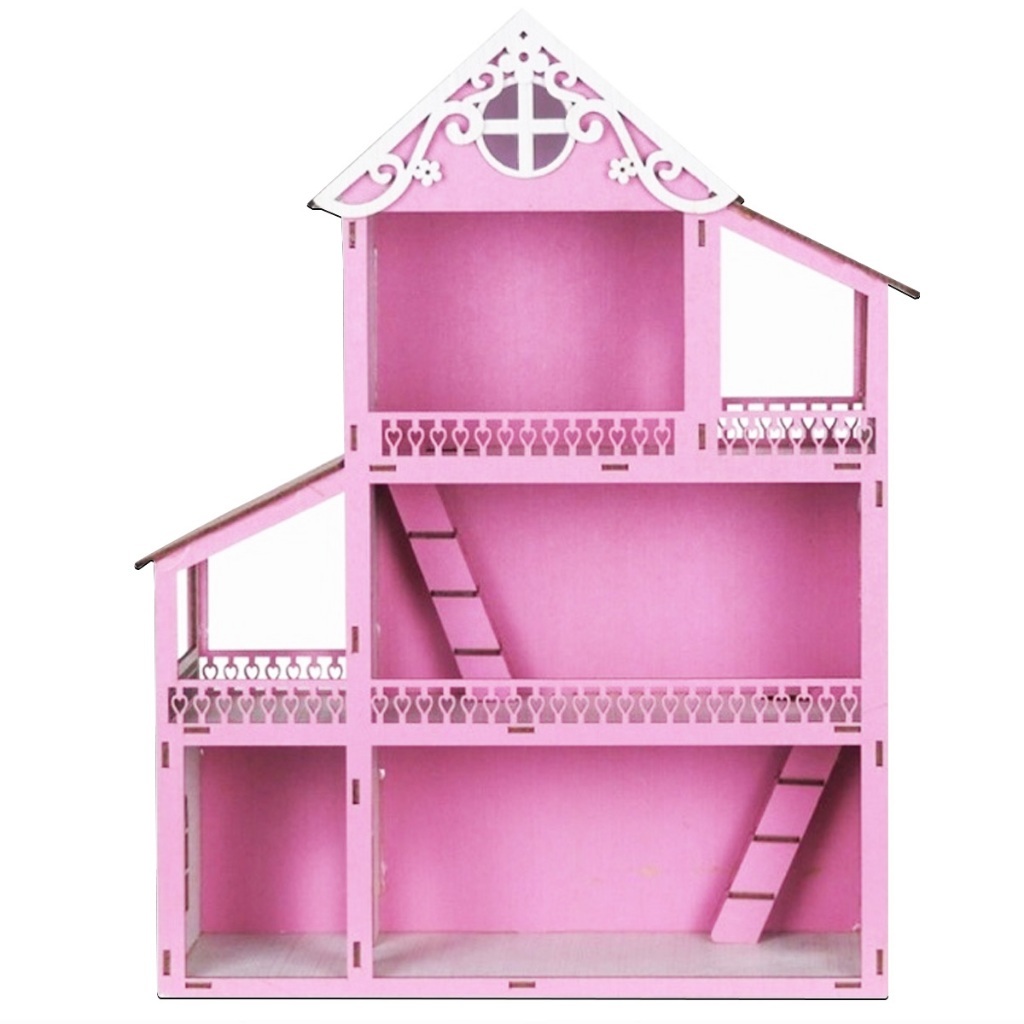Casa de Boneca Grande 60 cm MDF Pintada Rosa Frente Brinquedo Infantil Meninas