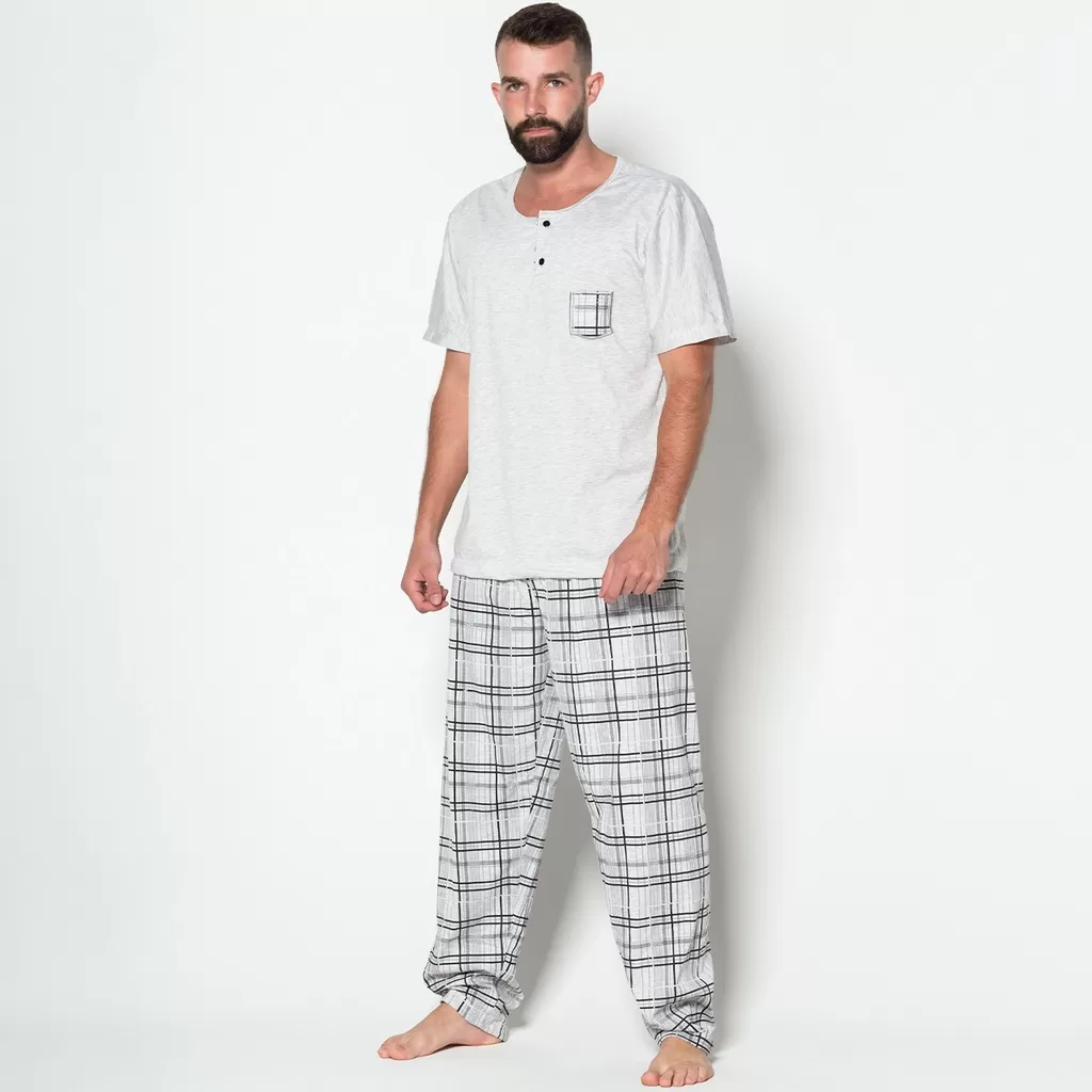 Pijama JSM Masculino Adulto Longo Calça E Manga Curta Estampada Xadrez
