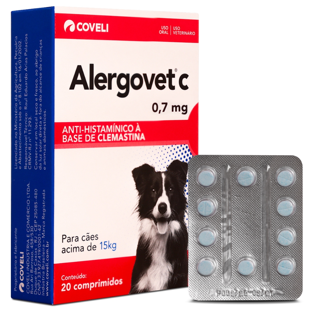 Alergovet C 0,7mg 20 Comp Para Gato Cachorro Ate 15kg Coveli