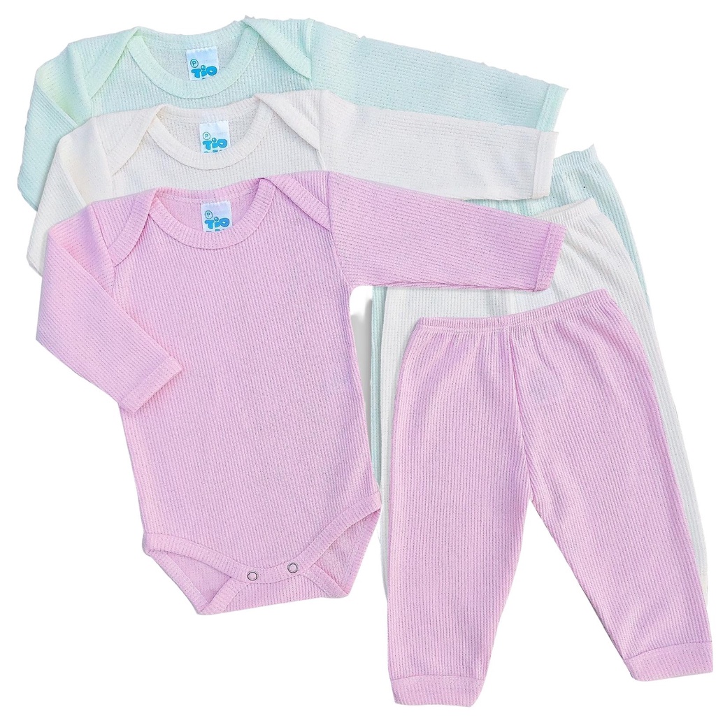 Kit 3 Conjunto Pagão Bebê Térmico Canelado Recém Nascido 1163