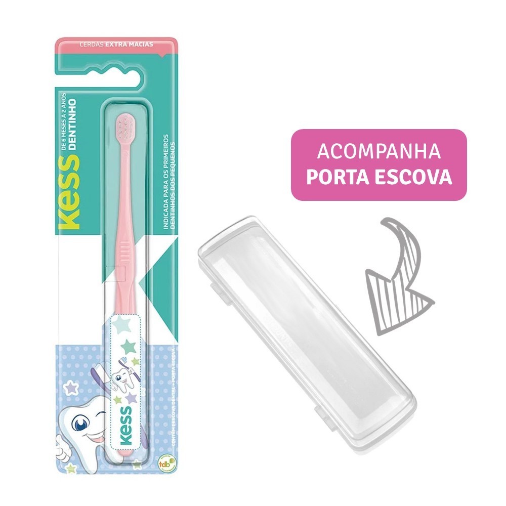 Escova Dental Infantil Bebê 6 a 24 meses Kess Dentinho Cerdas Extra Macia Rosa Azul