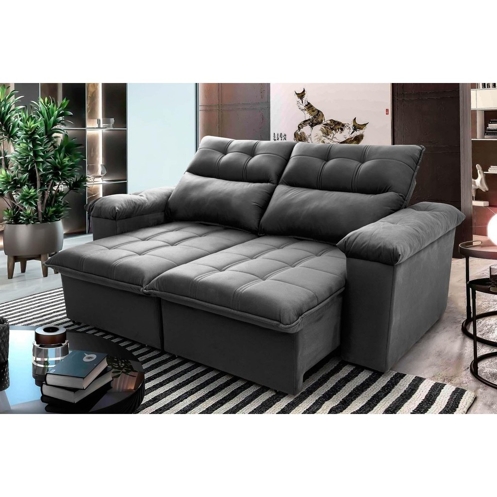 Sofá Retrátil Reclinável Verona 1,80m Suede Velut Cinza  Molas no Assento – King House