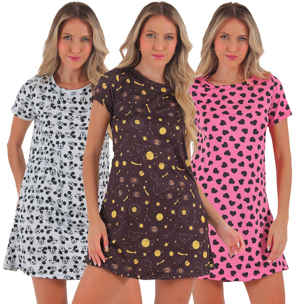 KIT 3 Camisolas Longa Microfibra Pijama Linha Noite Lingerie