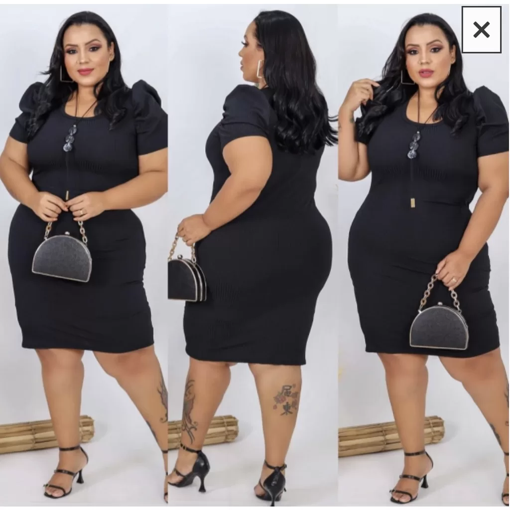 Vestido Premium Canelado Manga Princesa Bufante – Plus Size – Feminino