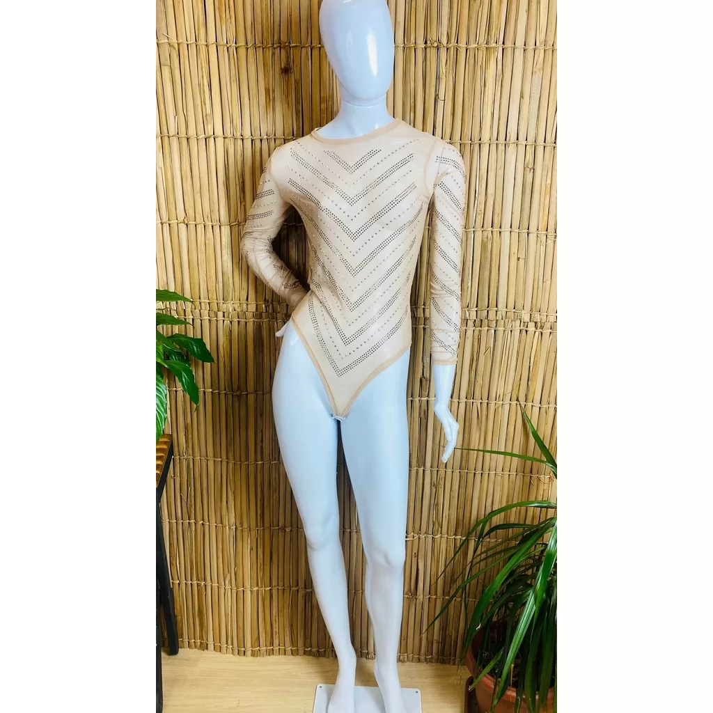 Dança do Ventre Body Manga Longa Segunda Pele Tule Pedrarias Luxuoso – Pronta Entrega – BODYA-17