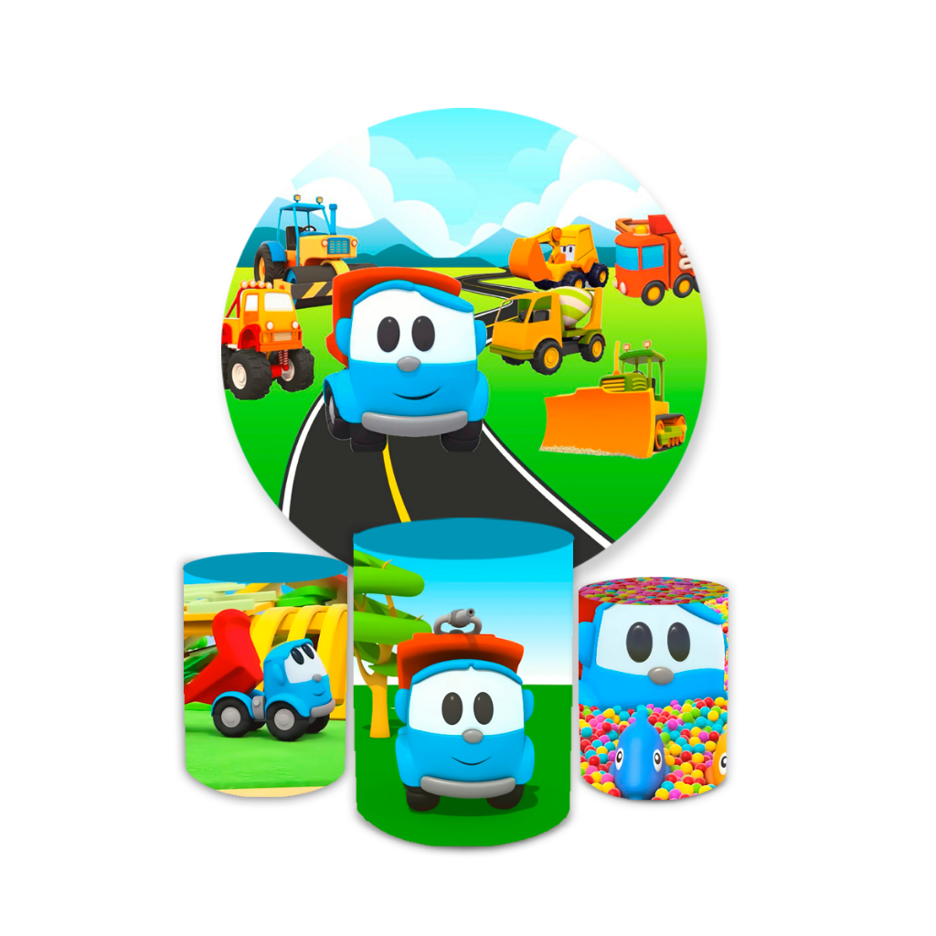 Kit Festa Decoração Painel Redondo + Trio Capa Cilindros Léo Caminhão