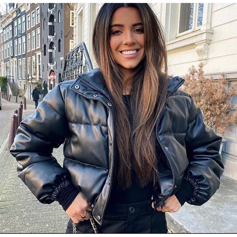 JAQUETA PUFER COM CAPUZ  JAQUETA DE INVERNO FEMININA CASUAL JAQUETA EM PU