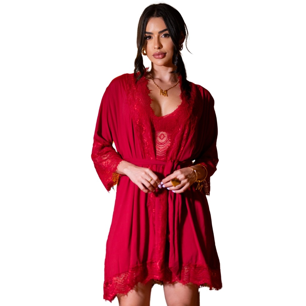 Robe Renda Sensual Luxo Amarração Roupão Noite Confortável