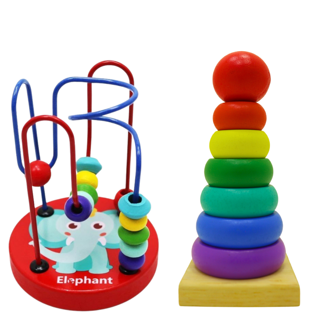 Kit 2 Brinquedos Educativos Montessori Mini Torre Colorida e Aramado Montanha Russa