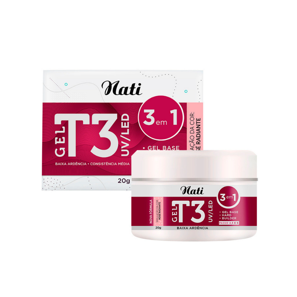 Gel Base Construtor T3 Nati Uv/Led p/ Alongamentos de Unhas 3 em 1 Cor Rosé Radiante