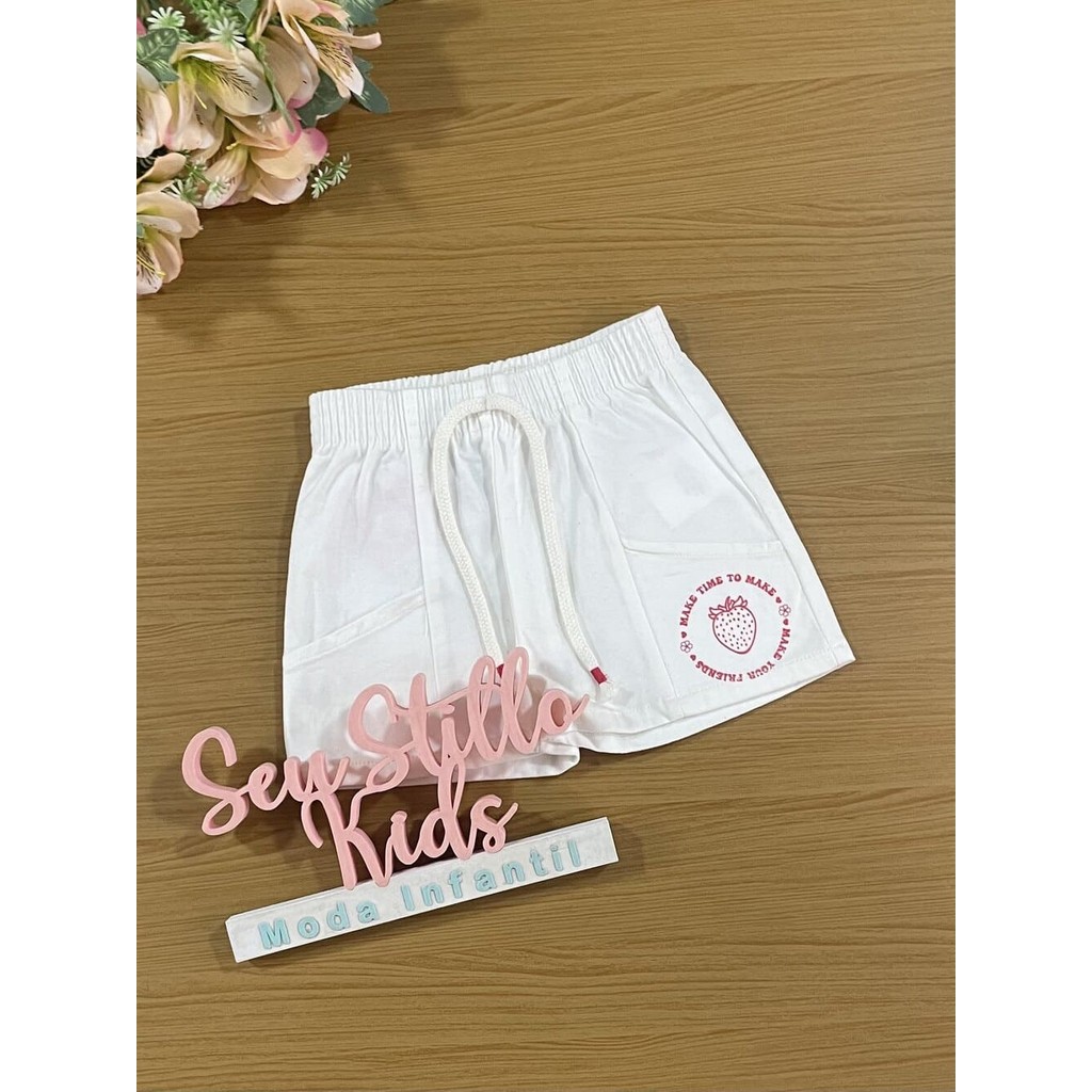 Shorts Infantil Cinti Verão Branco Moranguinho