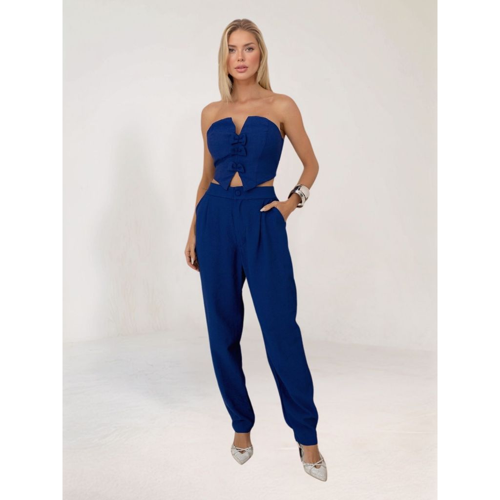 Conjunto Feminino Alfaiataria Marant Cropped Laço Decote Calça Classico Elegante Blogueira