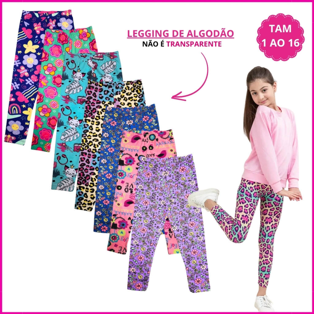 Kit 6 Calça Legging Infantil Menina Bebê Juvenil em Algodão Verão Calça Infantil Feminina 1 ao 16