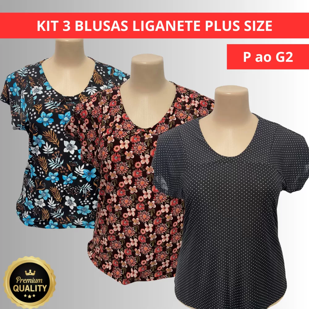 Kit 3 Blusas Liganete Senhora Malha Fria Geladinha tamanhos nobres plus size estampada P ao G2