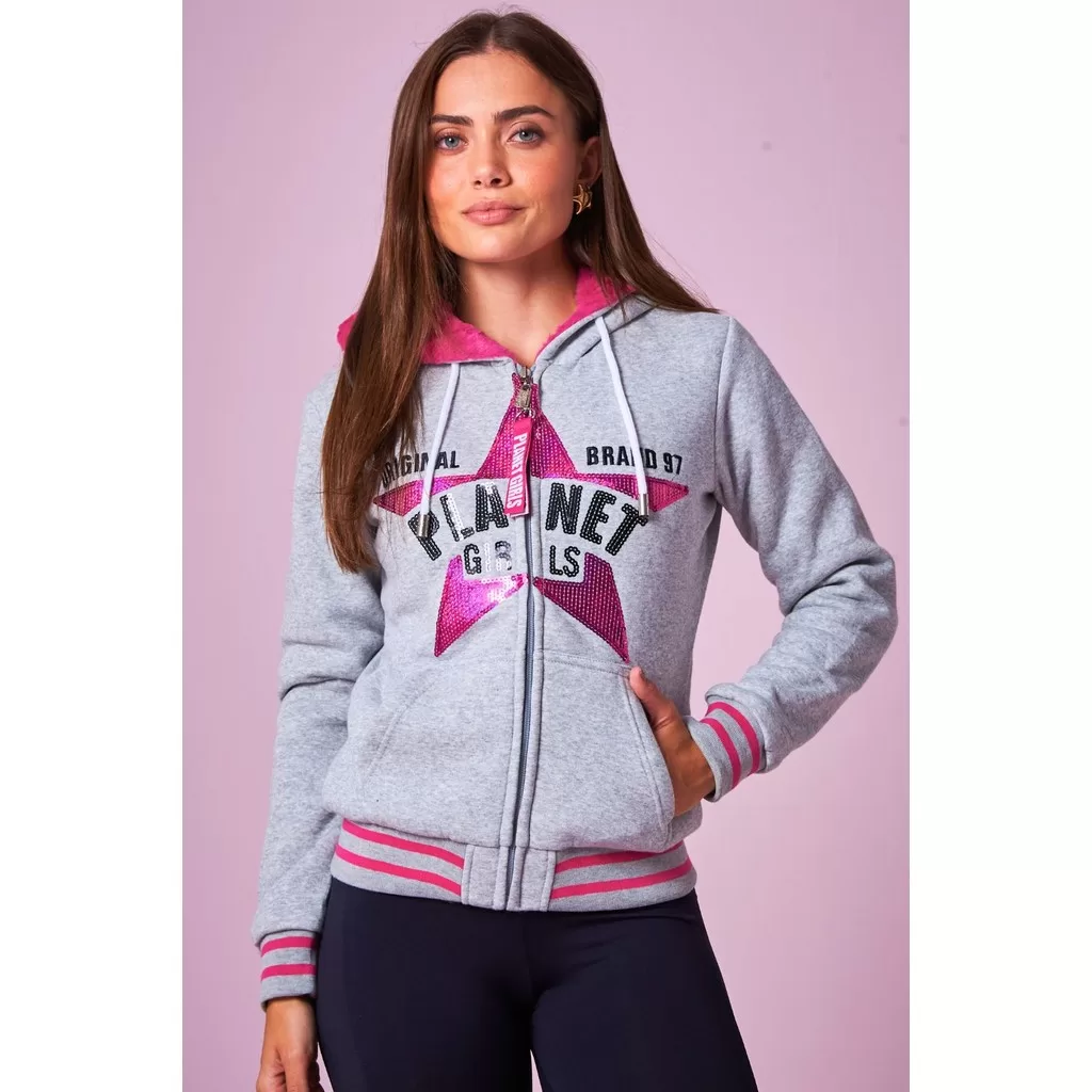 Moletom Feminino Dupla Face Star Planet Girls Cinza Claro