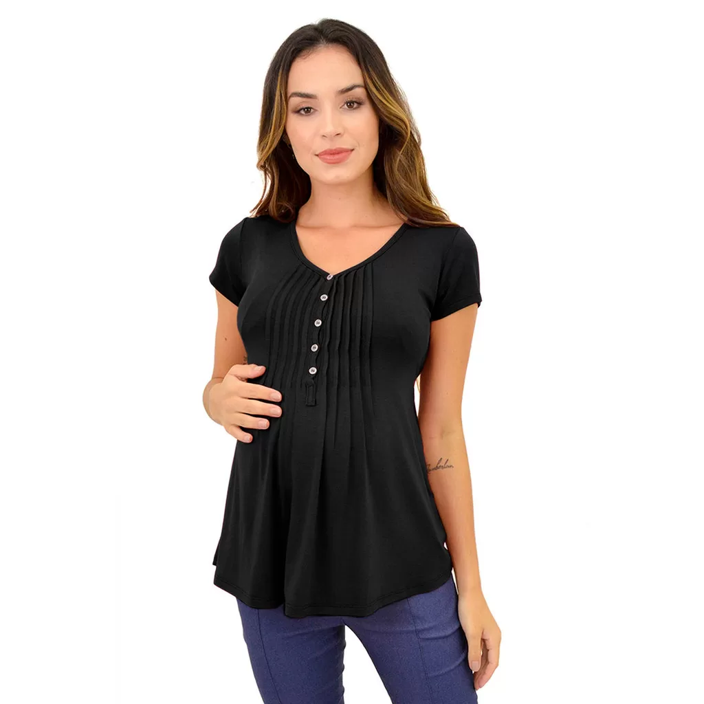 Blusa Camisa Manga Curta Gestante Botões Para Amamentação Maternidade Pós-Parto