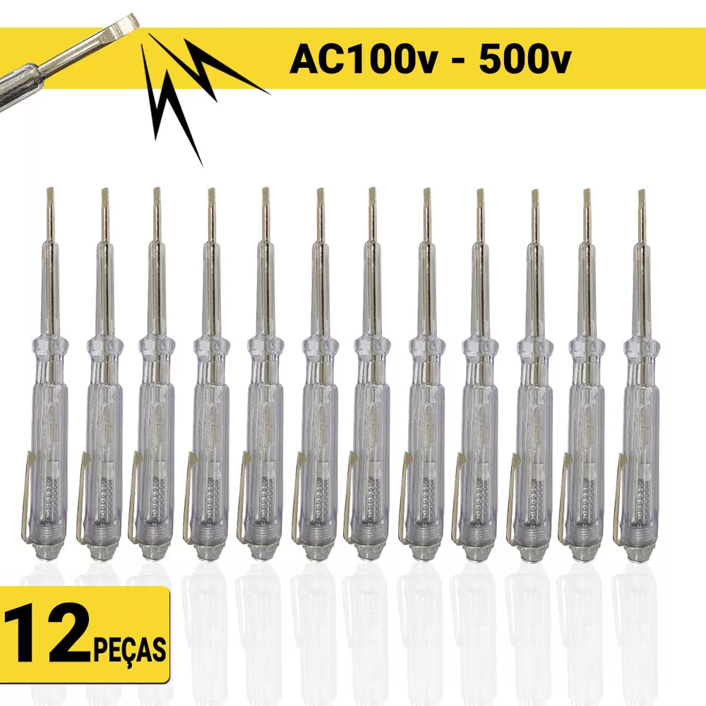 Kit 12 Chaves De Teste Detector De Tensão Voltagem 100 a 500v Eletricista Caneta Profissional