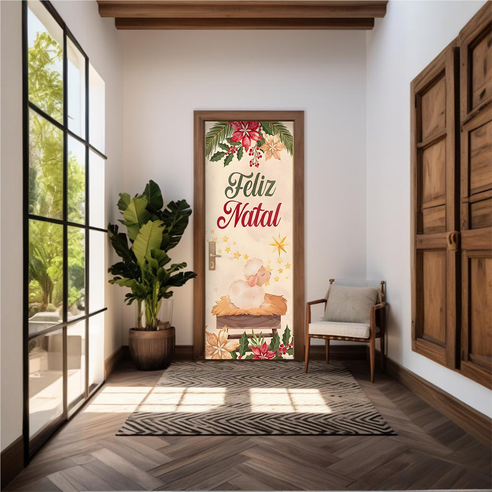 Capa De Porta Em Tecido Sublimado 2,0×0,8m C/ Elástico Decoração Tema Feliz Natal Ovelhinha