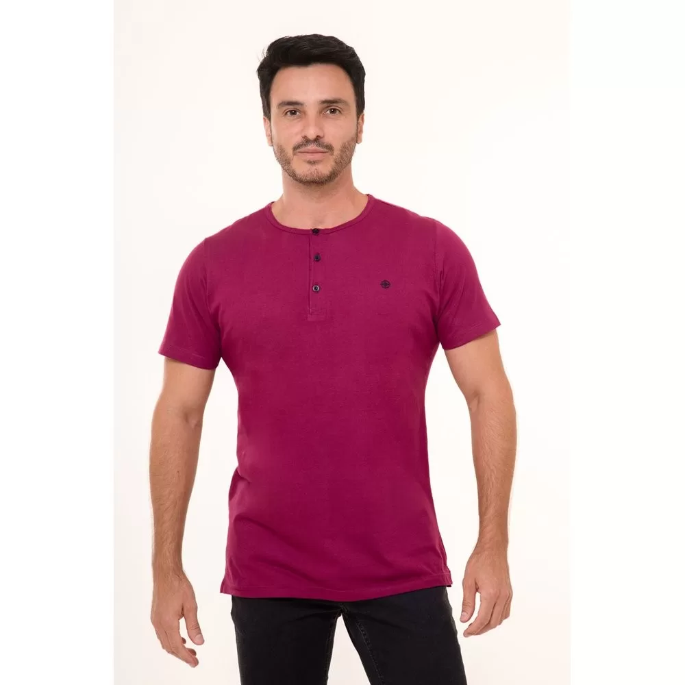 Camiseta Henley Botão Algodão Premium Slim Casul Cor Uva