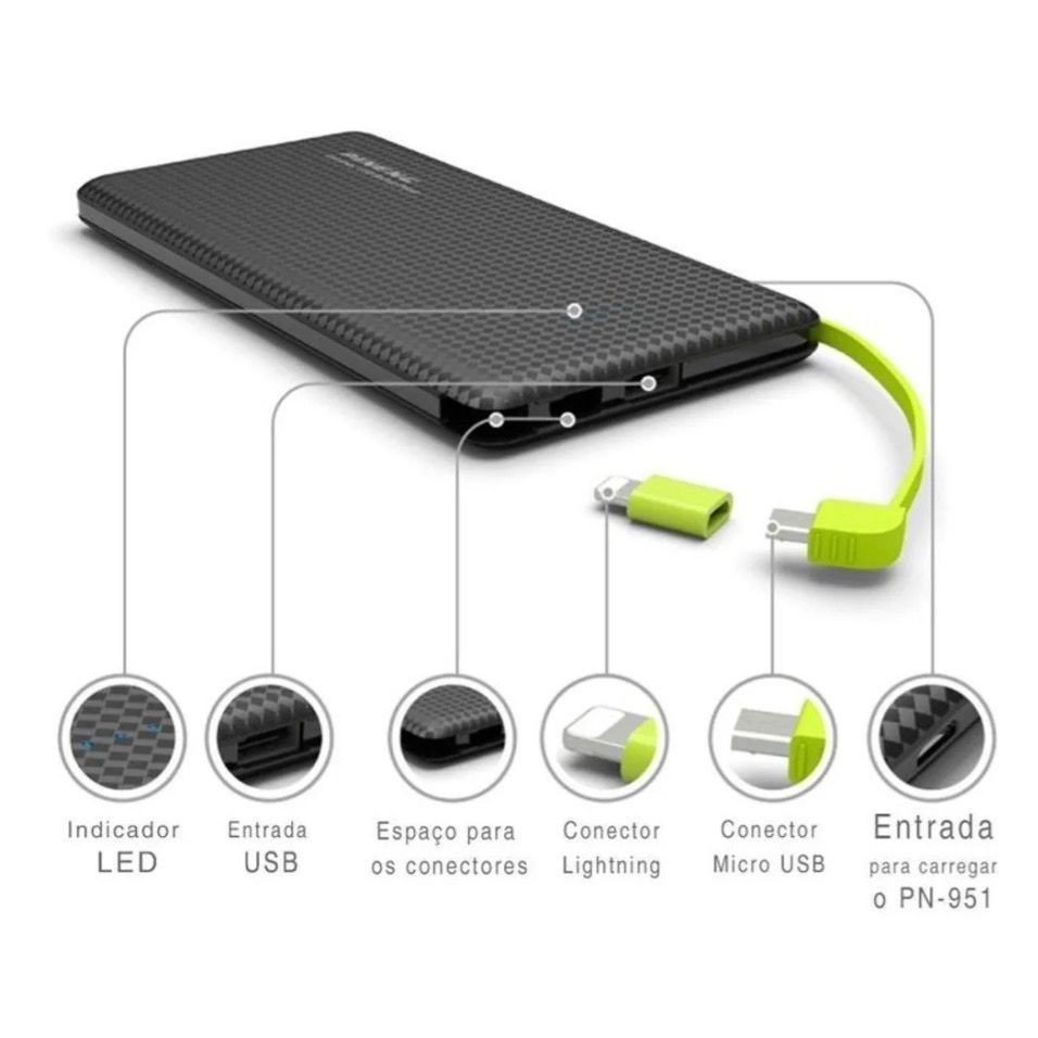 Carregador Portátil Pineng Power Bank 10.000mah, com adaptador iPhone,V8