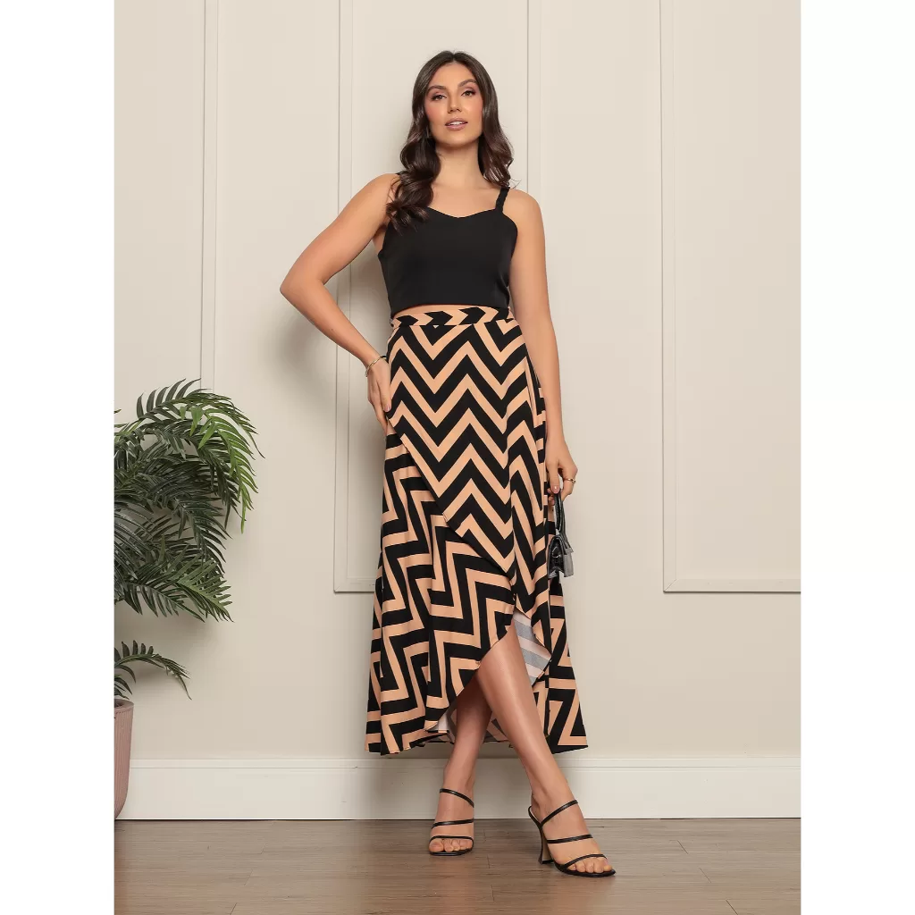 Saia Envelope feminina Zig Zag Forrada Transpassada Longa feminino zero transparencia