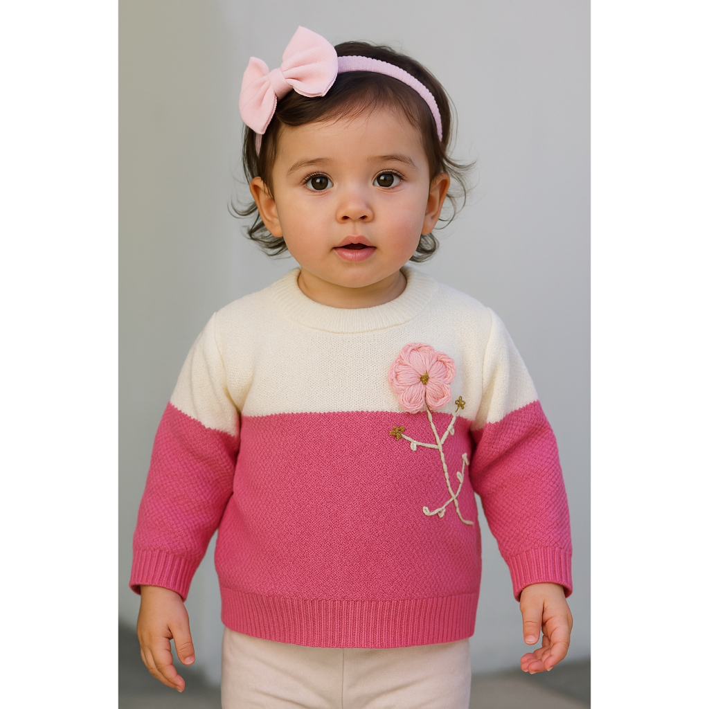 Blusa Tricô Infantil Menina com Bordado à Mão e Degradê Off Azaléia  Inverno