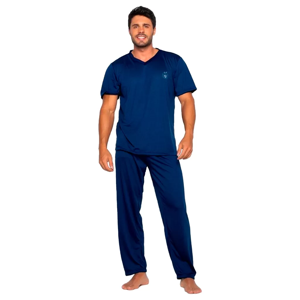 Pijama de Inverno Liso Masculino Manga Curta Malha Confortável Traje de Dormir Elegante