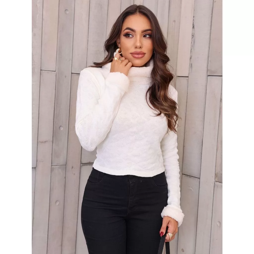 Cropped Blusa Feminina Manga Longa Tricot Tricô Gola Alta