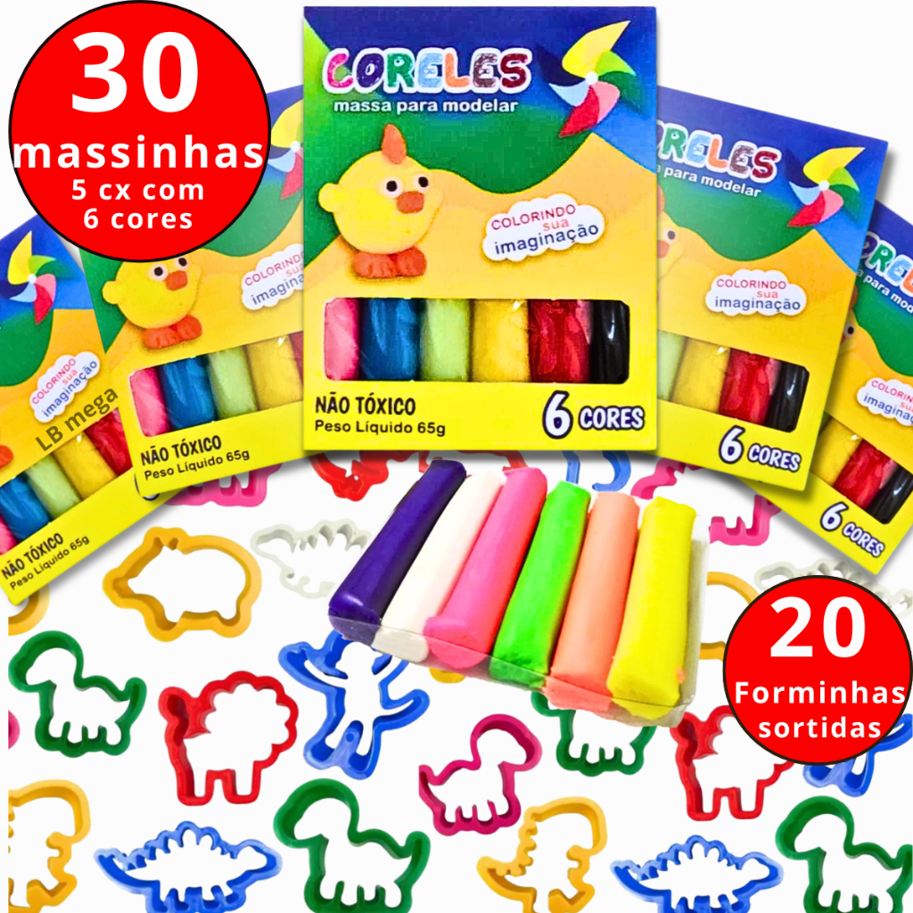Kit 30 Unidades de Massinha + 20 moldes Forminhas Sortidas para modelar Infantil (5 caixas 65gr)