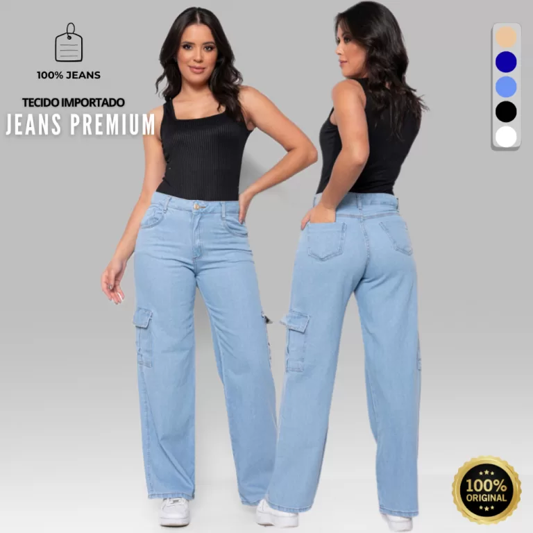 Calça Jeans Cargo Boyfriend Pantalona Wide Leg Ci