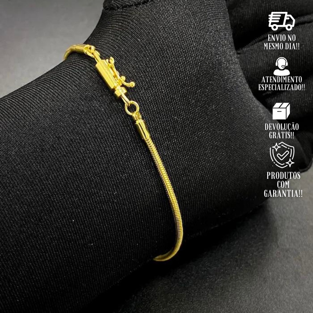 Pulseira Masculina de Ouro 24K Rabo de Rato 2mm Fininha Banhada