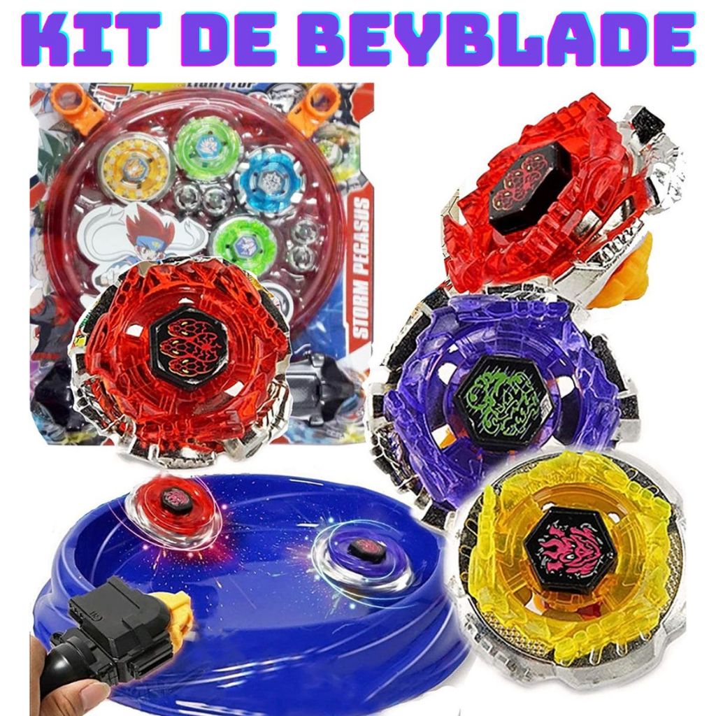 Beyblade Metal Com Led Luz + Lançadores + Ponteiras + Arena Brinquedo Pião Luz