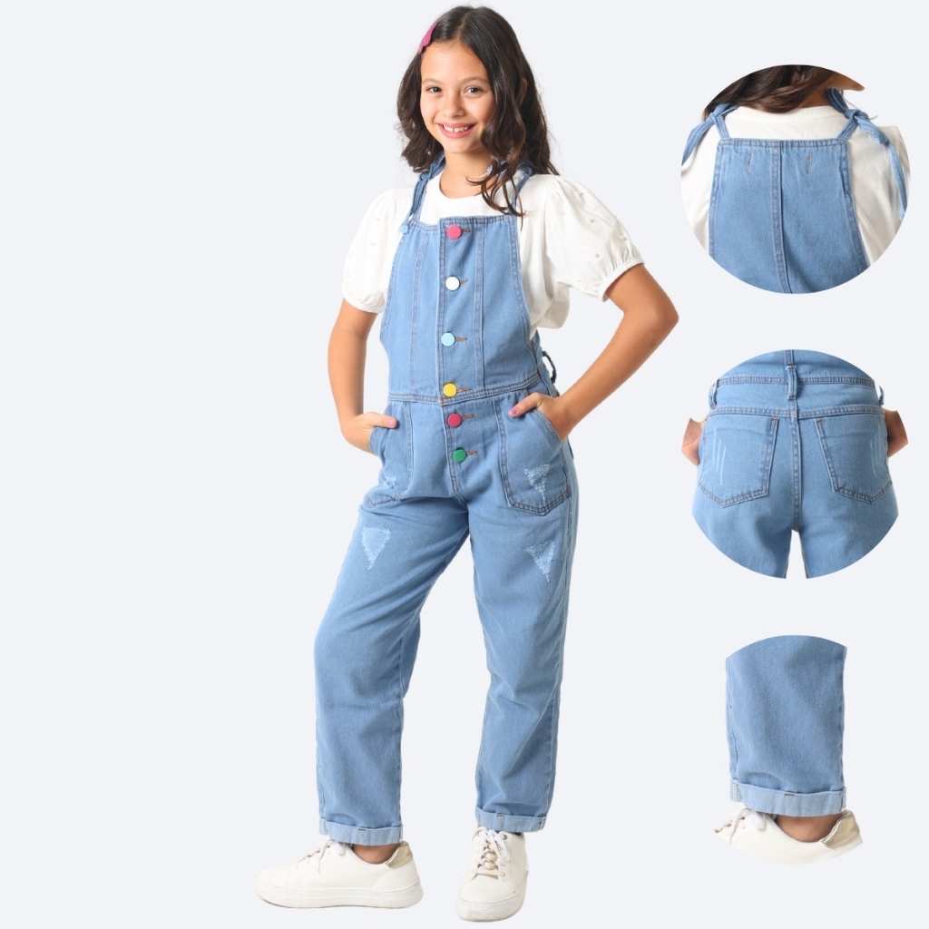 Jardineira Macacão Jeans Infantil Juvenil Alça Ajustável Menina Moda Blogueirinha Verão Premium