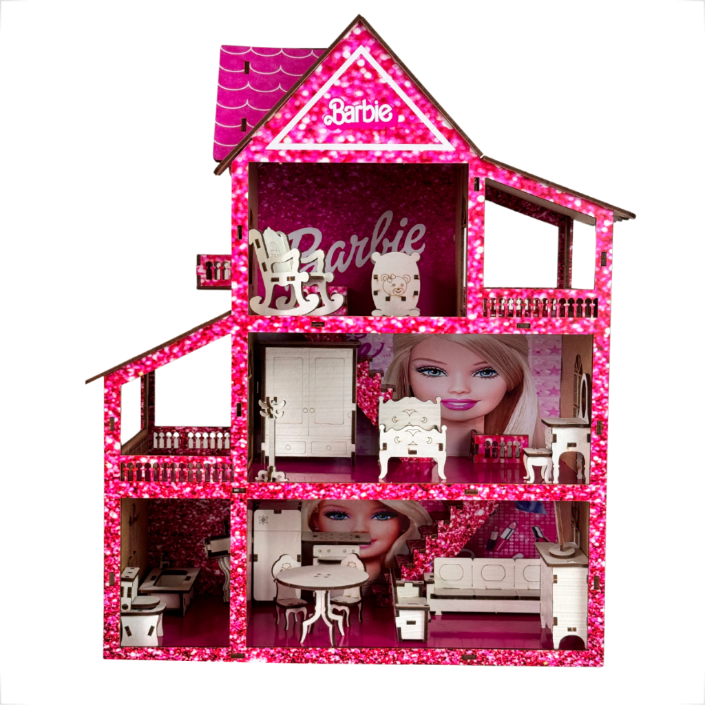 Kit Casa Casinha 19 Moveis Brincar Bonecas Mdf Rosa Branco Detalhes Realistas