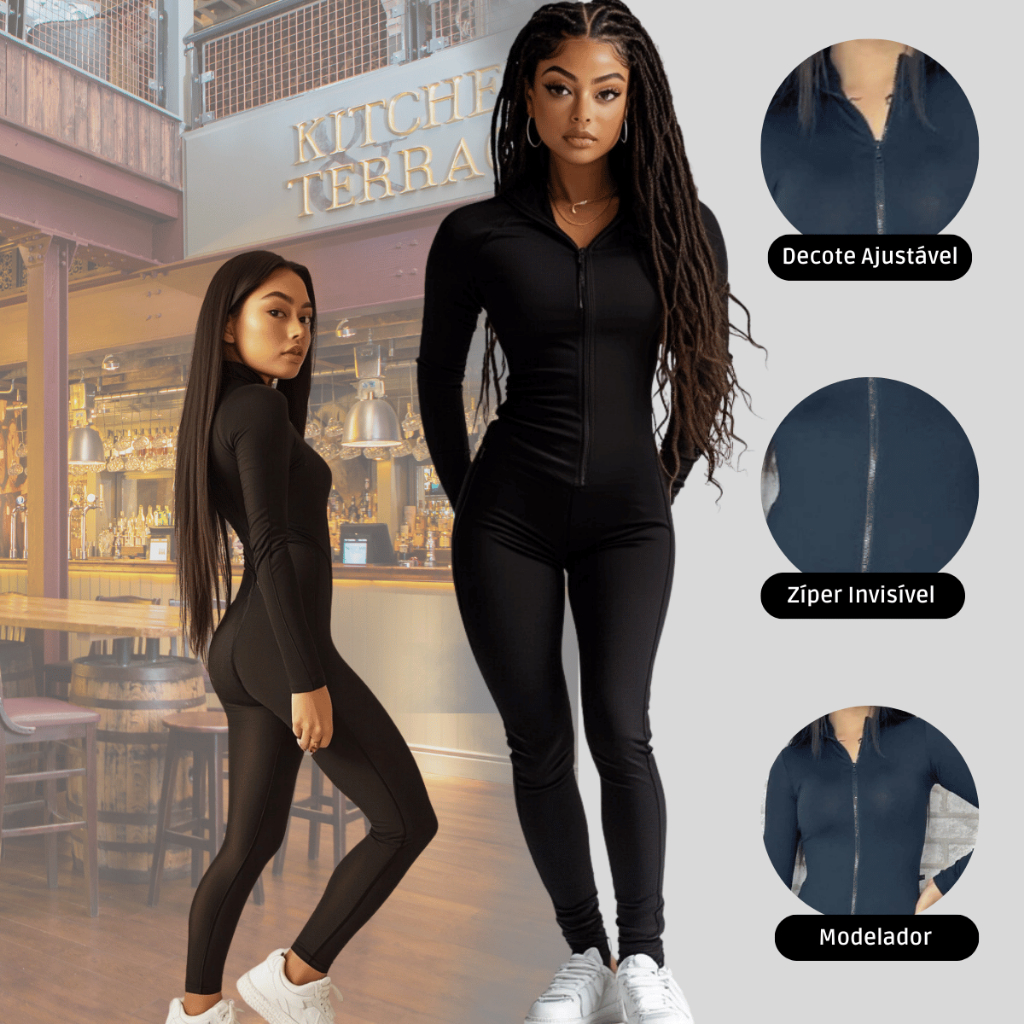 MACACÃO FEMININO MANGA LONGA E CURTA VIRGINIA GRINGA ZIPER LISO BALADA BLOGUEIRA SUPLEX FITNESS