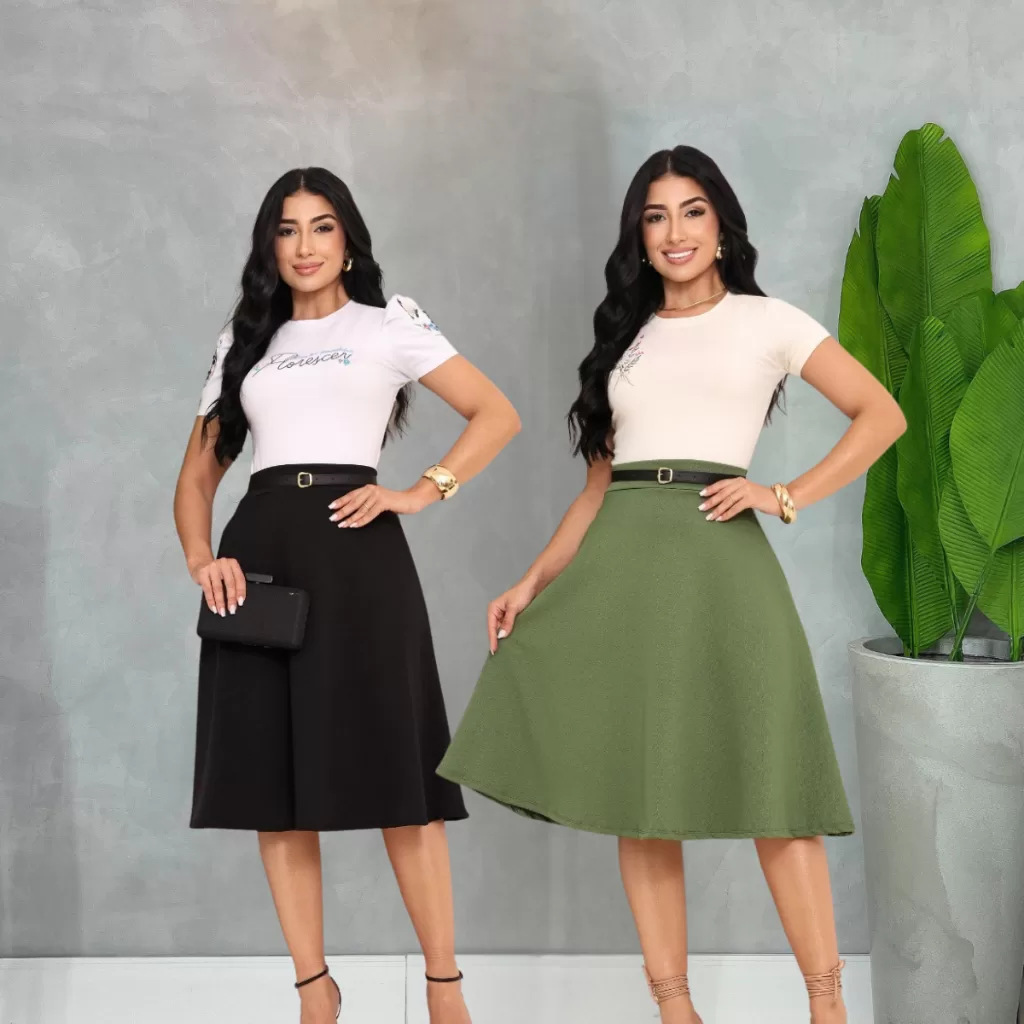 kit saia godê moda evangélica crepe de malha com cinto