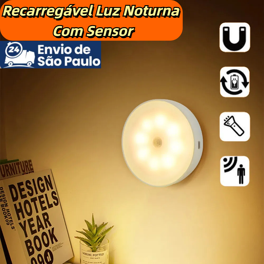 Luz Noturna LED Sensor de Movimento USB Recarregável, Lâmpada de Noite Dual Color Luz Quente Fria