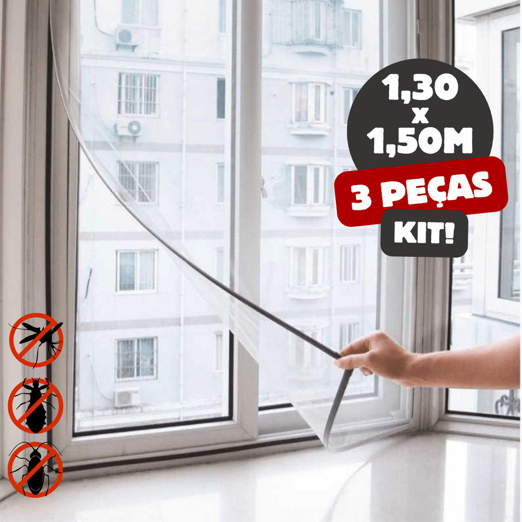 Tela Mosquiteiro Janela 130x150cm Removível com Fita de Fixação Disponível em 1, 2 ou 3 Unidades