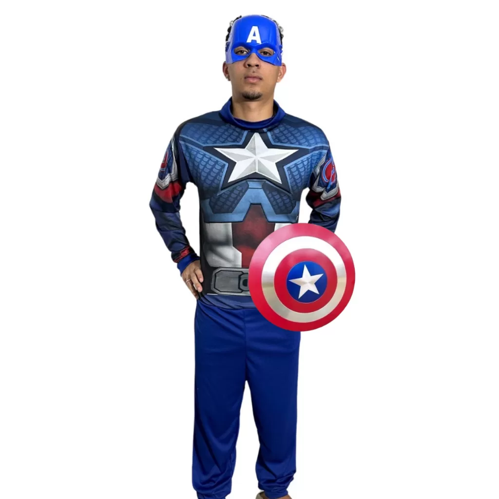 Fantasia Capitão América Adulto Com Escudo + Mascara de Plástico
