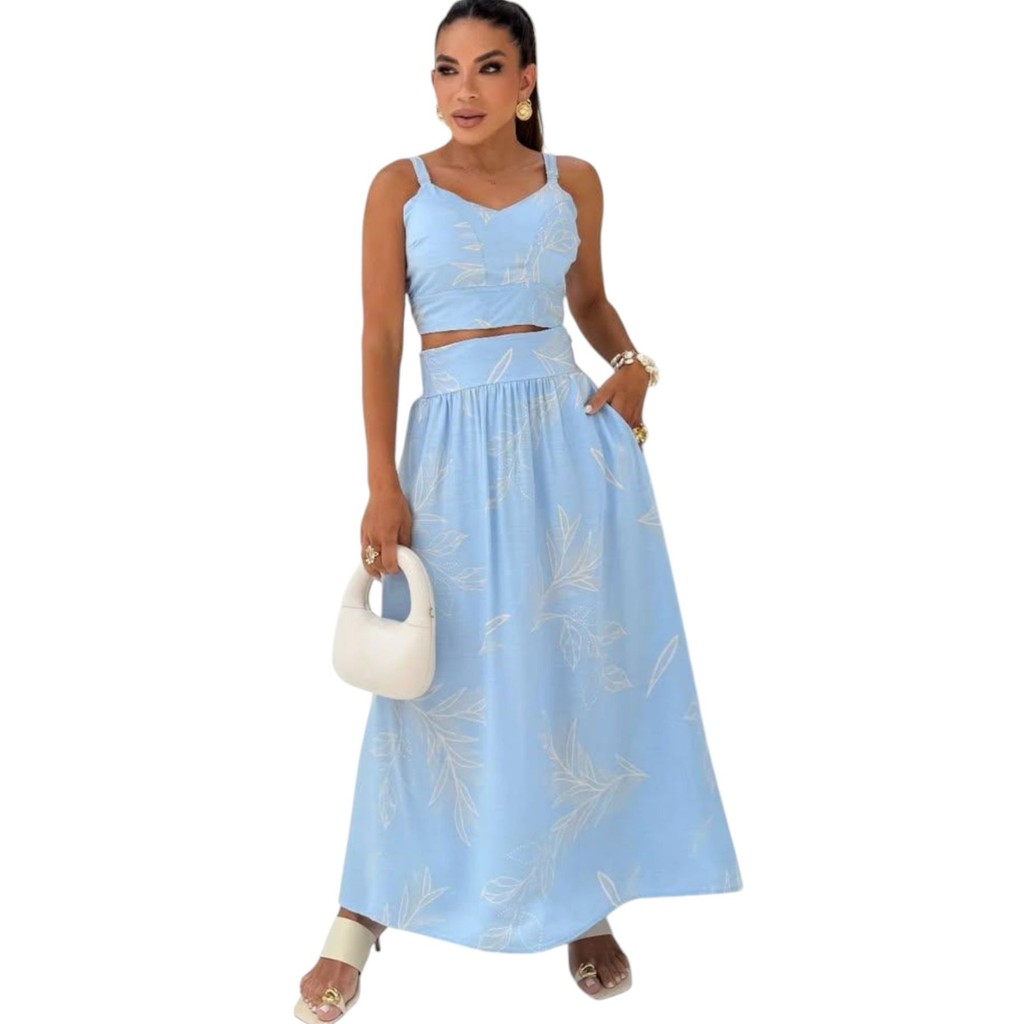 CONJUNTO FEMININO VISCOLINHO TOP CROPPED COM BOJO SAIA FORRADA