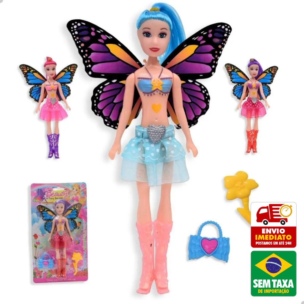 Boneca Fada Borboleta Com Asas E Acessórios Bolsinha Pente DuteToys DTY1381